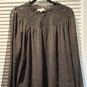 LOFT Black and Gold print ruffle trim collar long sleeve blouse